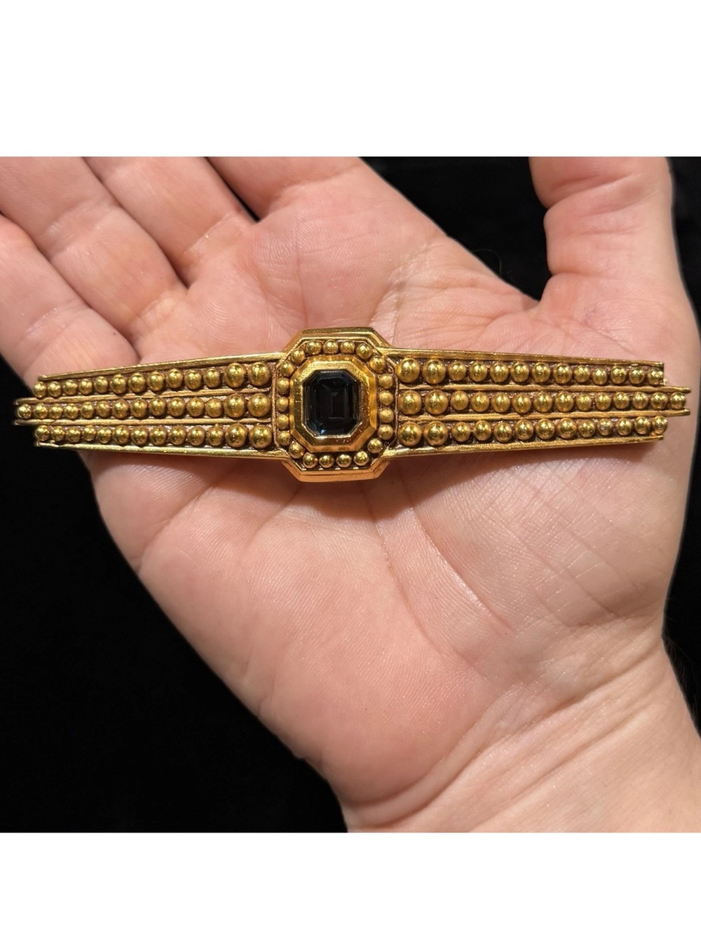 Diva Vintage Designer Signed Dark Blue Glass Cabochon Bar Brooch Pin Jewelry